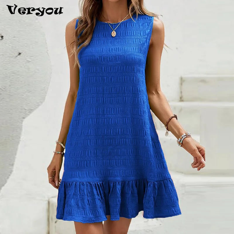 Summer Sleeveless Mini Dress Women Elegant Solid Beach Holiday Dresses For Women Party Short Dress 2024