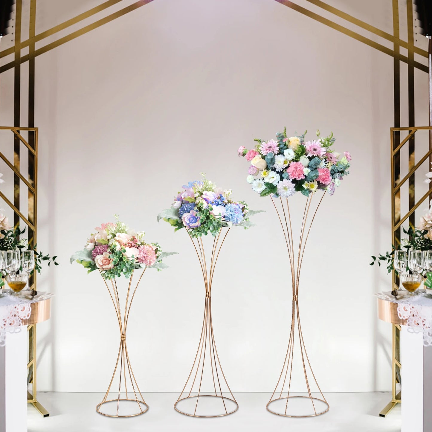 3PCS Gold Tall Vase, Wedding Party Vase  Tall Vase Trumpet Vases Home Decor Centerpiece, Flower Stand 50cm/66cm/79cm H