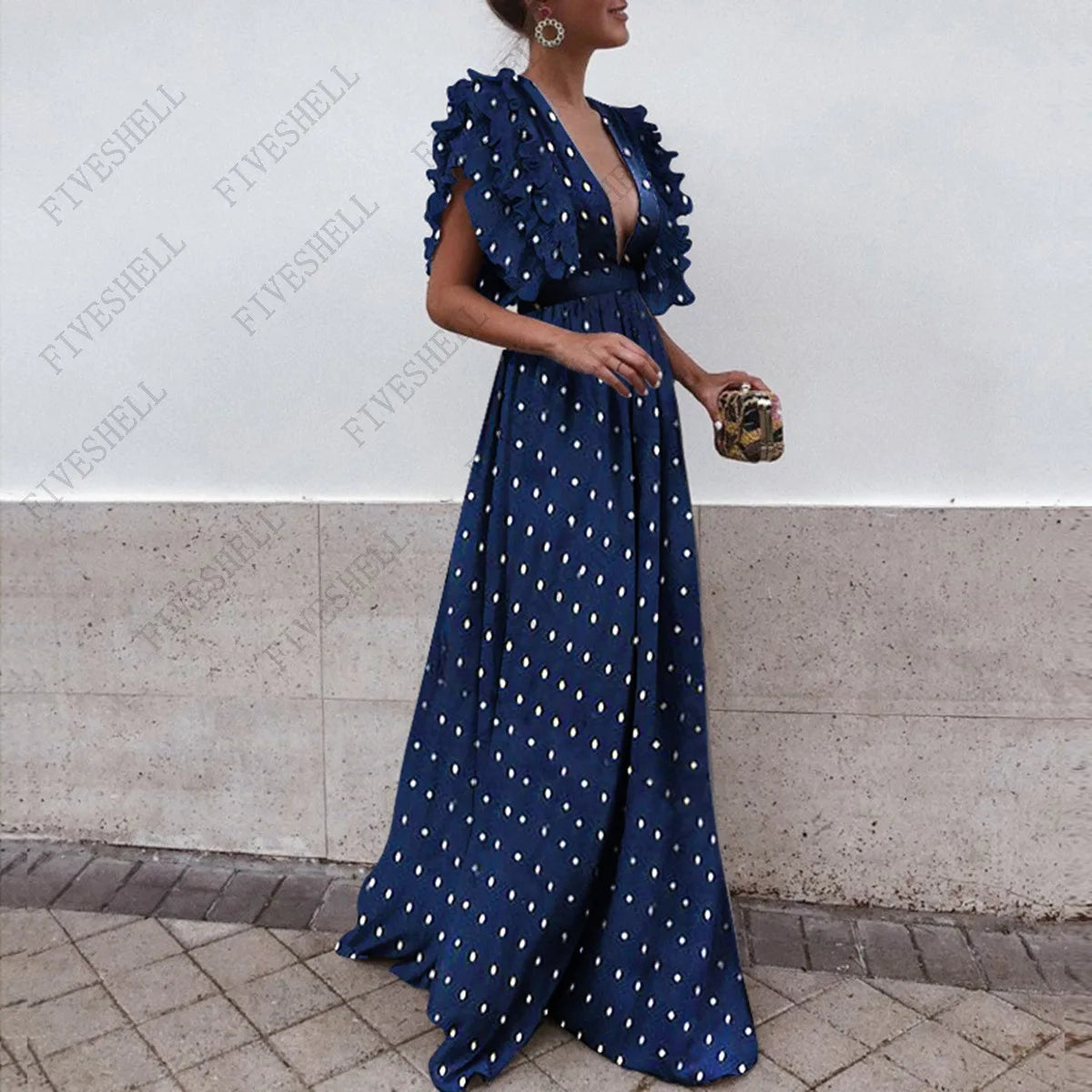 Medieval Polka Dot Chiffon Summer Bohemian Beach Dress Hollow Out Fit and Flare Maxi Women Dresses V Neck Patchwork Vestidos