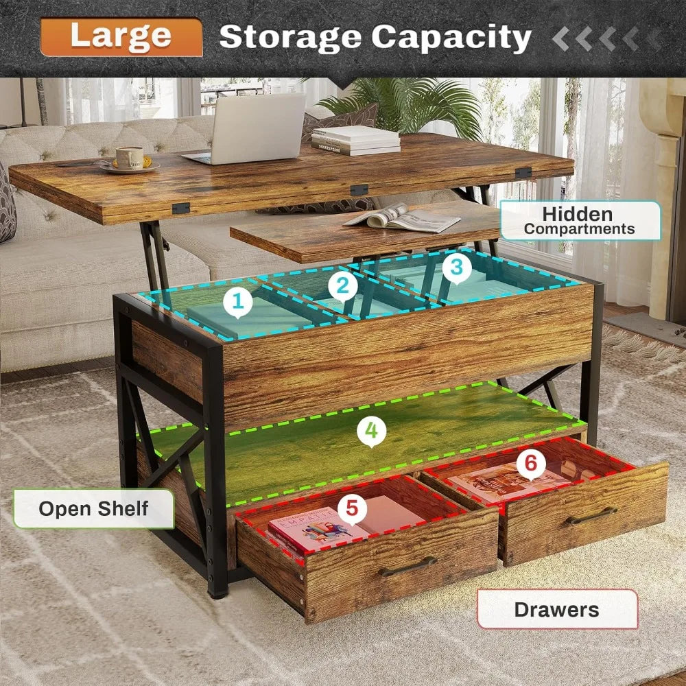 4 in 1 Living room coffee table with storage cabinet, small farmhouse coffee table with 2 drawers for dining room reception room