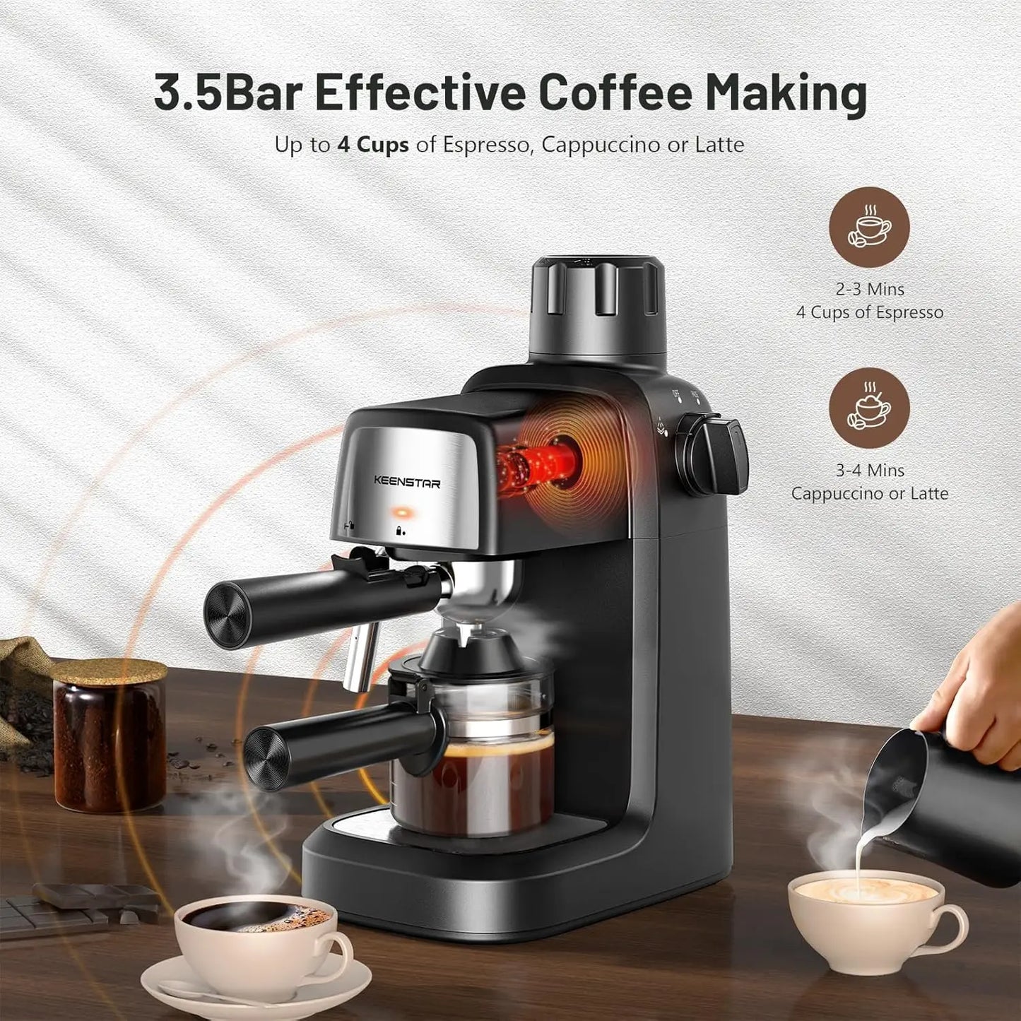 Coffee Machine, 3.5 Bar Espresso Cappuccino Machine, 800W with Milk Frother - 4 Cup Portable Coffee Maker for Latte, Cappuccino,