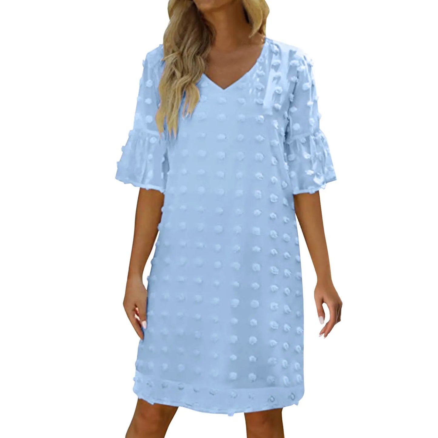 2024 Summer Beach Casual Dress For Women Solid Color V-Neck Flare Sleeve Short Dresses Polka Dot Flowy Temperament Ladies Dress