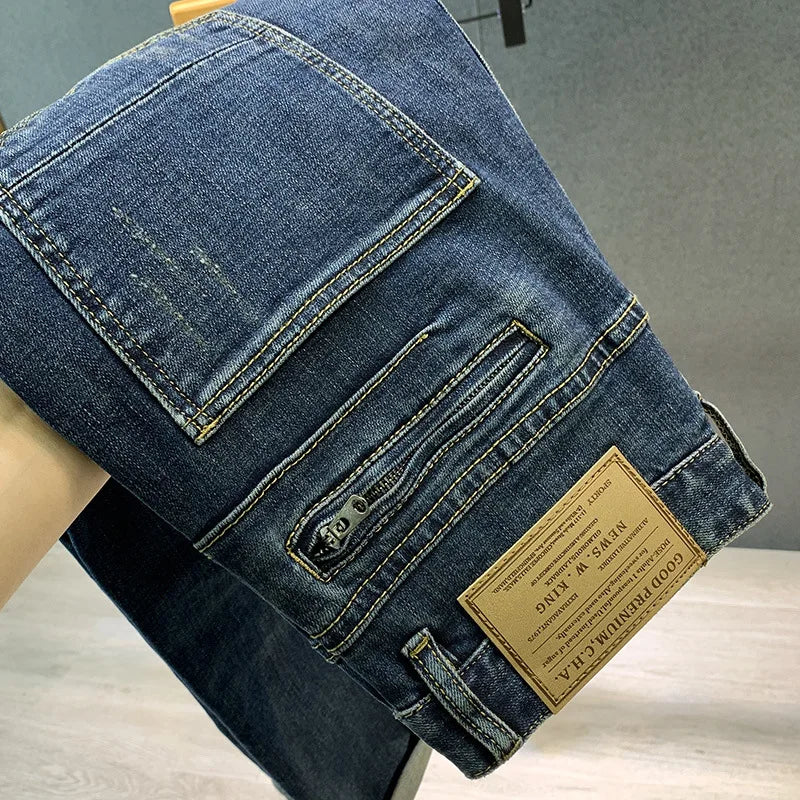 New Y2k Mens Jeans Zipper Design Stitching Fashion Pants Male Stretch Streetwear Motorbike Biker Jeans Denim Trousers