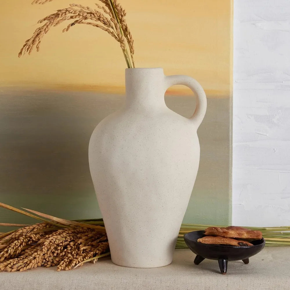 Ceramic White Vase 10" Height Decor for Home,Stoneware Living Room Centerpiece Jug,Rustic Farmhouse