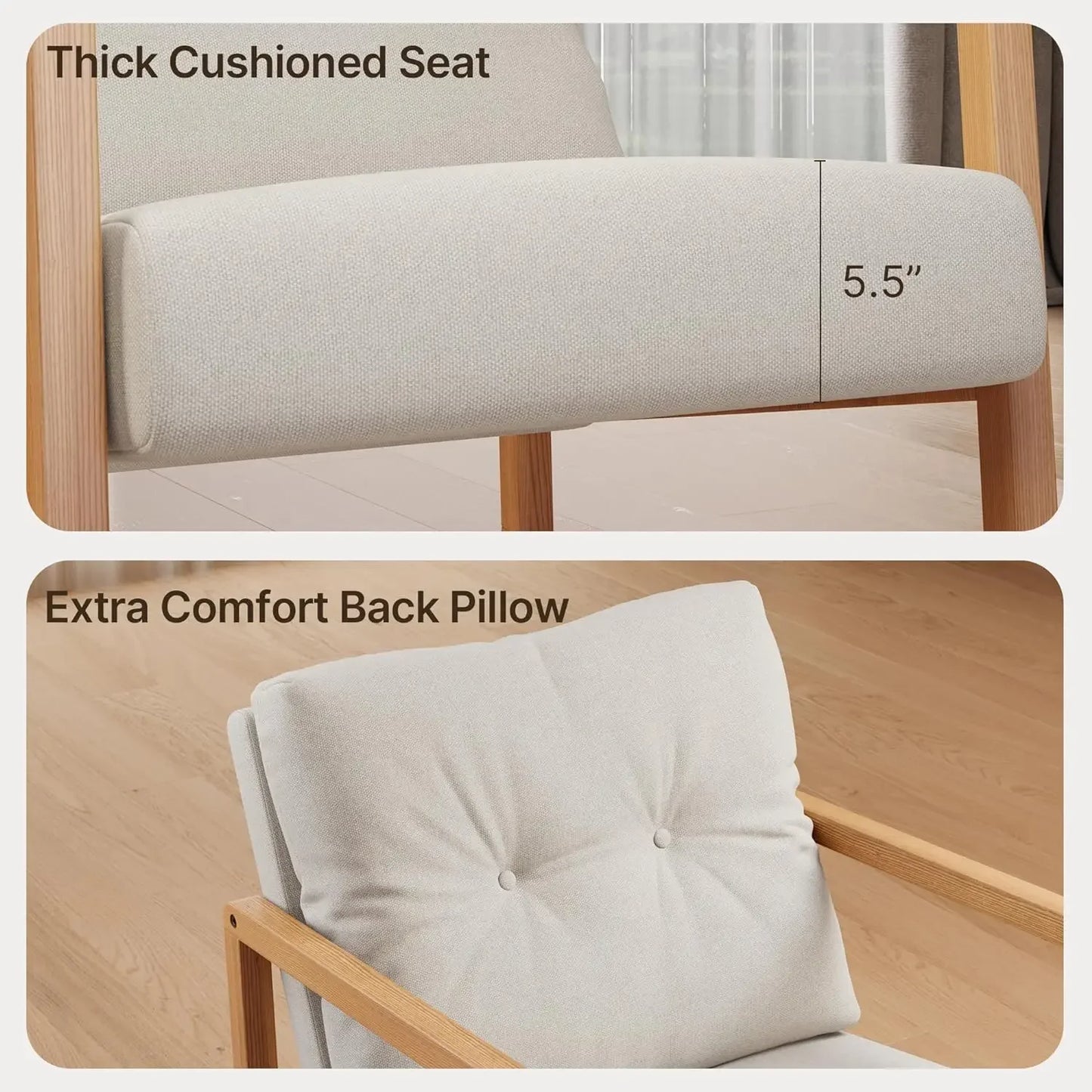 Mid Century Accent Rocking Chair, Upholstered Linen Chair, Single Recliner Armchair with Extra Back Pillow, Solid Wood Frame