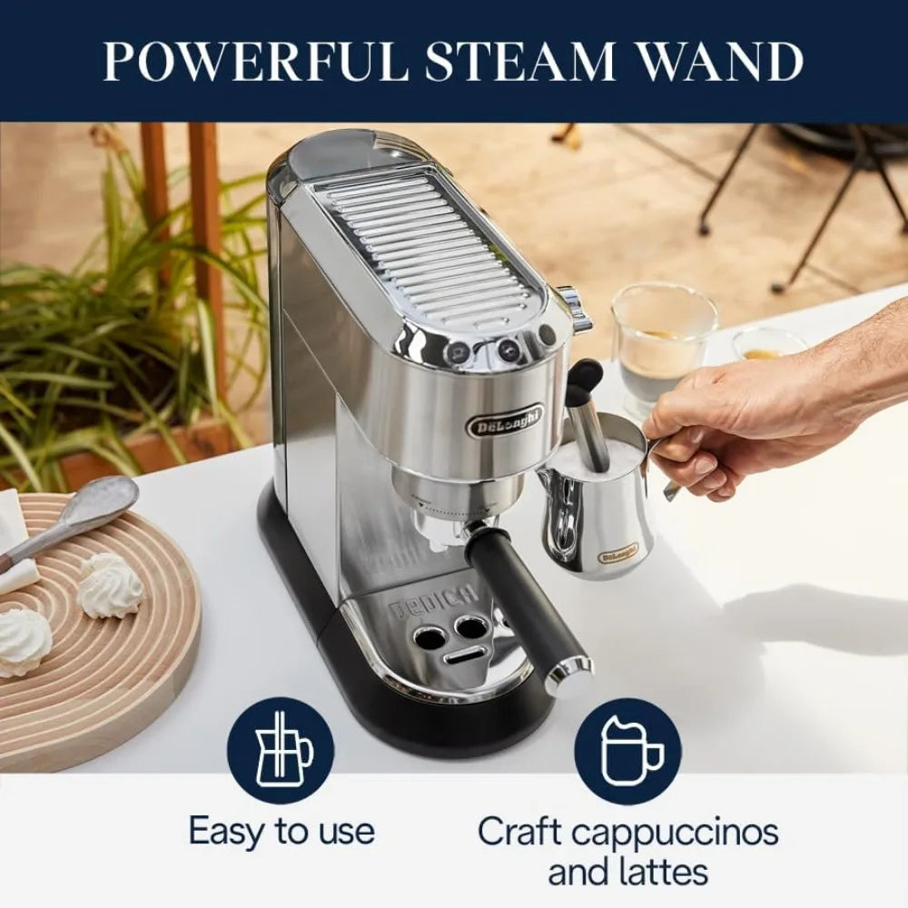 Espresso Machine, Coffee and Cappucino Maker with Milk Frother, Metal / Stainless, Compact Design 6 in Wide, Fit Mug Up to 5 in
