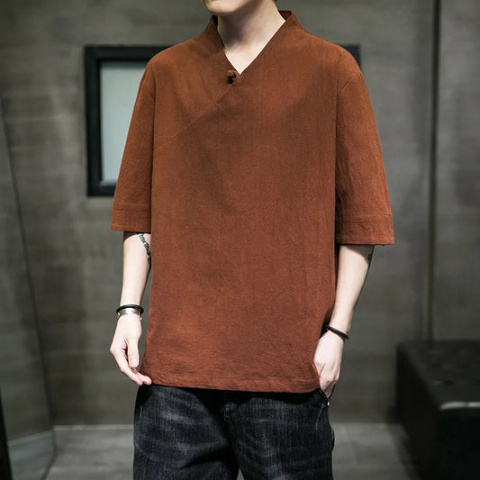 Chinese Traditional Dress Retro V-Neck T-Shirt Men Clothing 2022 Summer Plus Size Five-Point Sleeve Hanfu Black Thin Linen Top