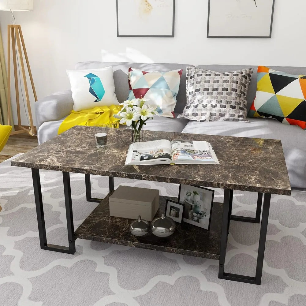 Marble Coffee Table, Imitation Marble Tabletop Rectangular Coffee Table with Black Metal Frame, 2-story Living Room Table