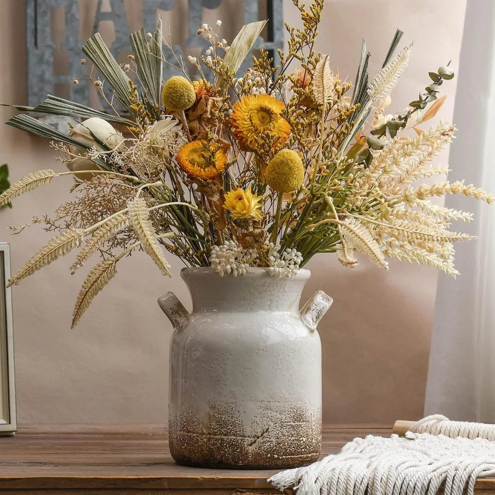 Ceramic Rustic Farmhouse Vase, Distressed Decorative Flower Vase for Home Decor, Ideal Shelf Decor, White Boho Vase