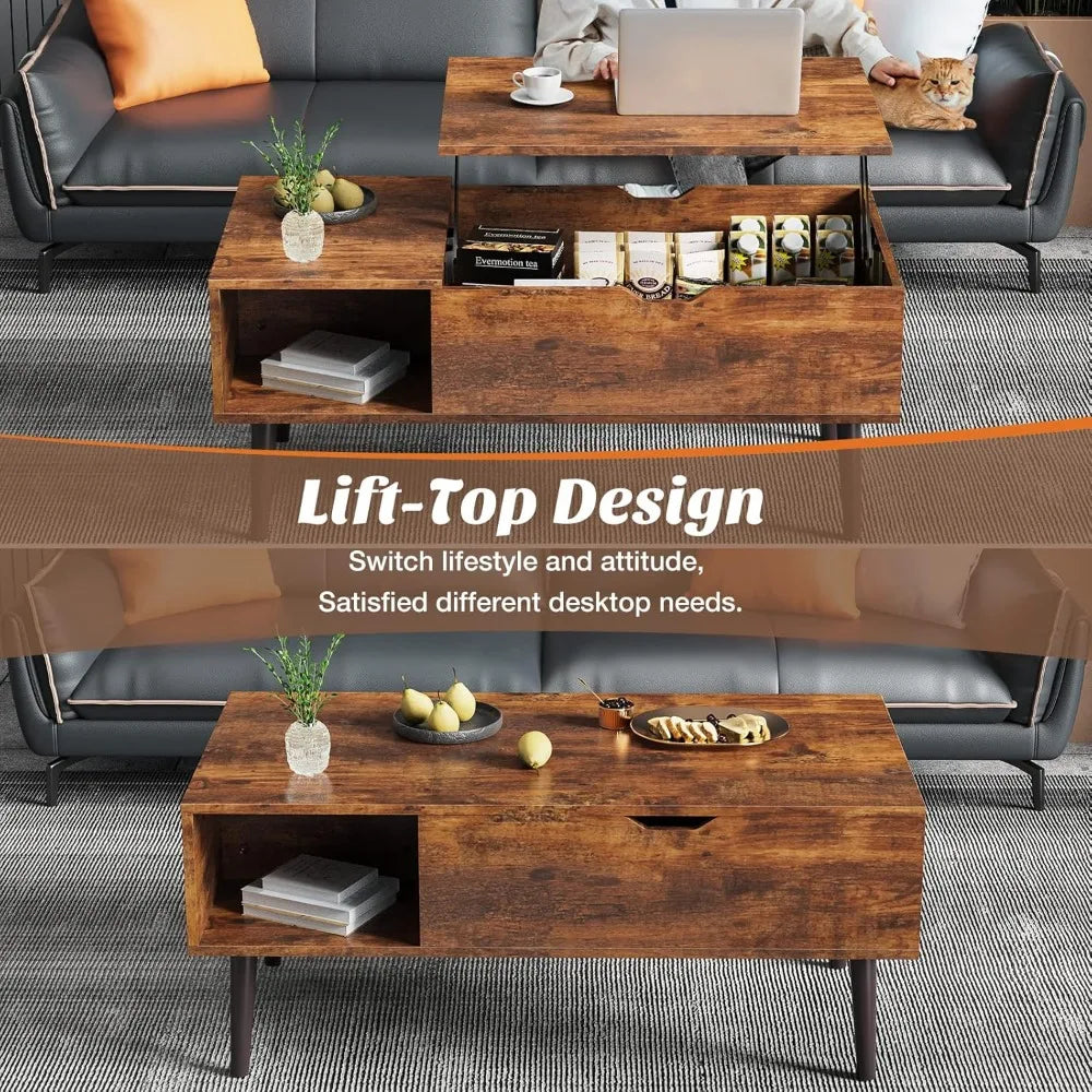 Living Room Lift Coffee Table, Small Lift Wooden Dining Center Table with Storage Rack and Hidden Compartment
