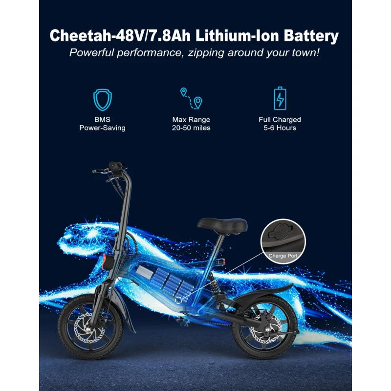 QANCHEER 14" Folding Electric Bike, 22MPH Ebike, Triple Shock Absorber, 48V 374Wh Battery Up to 45 Miles, Brake Taillight,