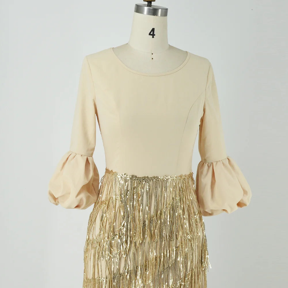 Women's Party Dresses Round Neck Lantern Long Sleeve Tassel Slim Gold Dress 2024 Autumn New Ladies Elegant Evening Clothes