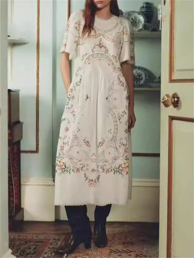 Cotton Linen Women Floral Print Midi Dress Retro Lace Hollow Out Embroidery Short Sleeve Robe for Ladies 2024 Early Autumn