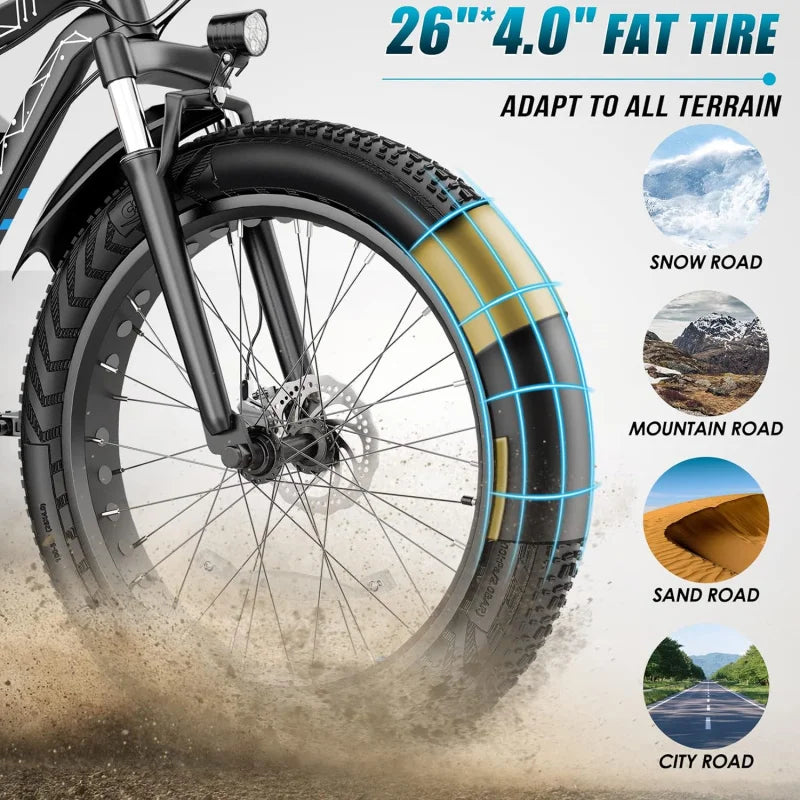 Avivi 26 "x 4.0 fat tire bicycle, 1000W motor peak electric mountain bike, 25mph ebikes for adults with 48