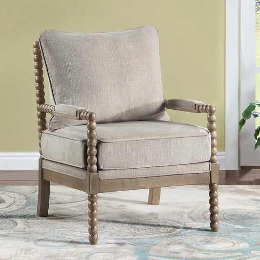Linen Fabric Spindle Accent Chair with Wood Frame,Modern Accent Chairs with Padded Spring Seat and Brushed White Base for Living