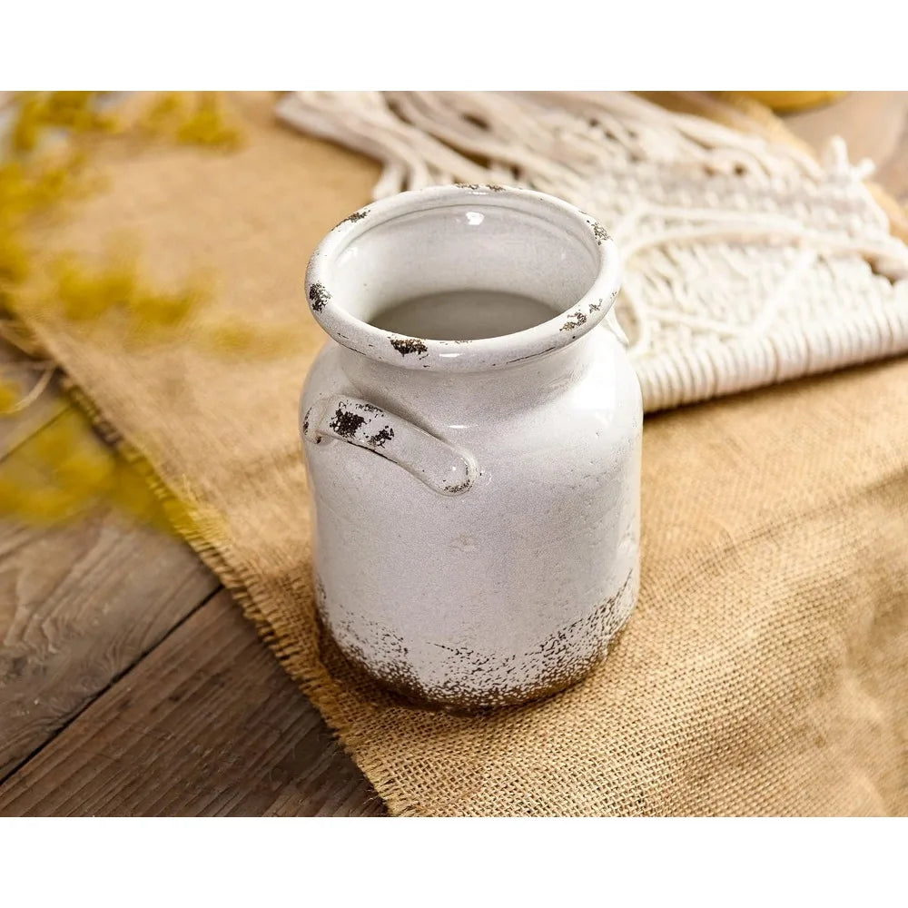 Ceramic Rustic Farmhouse Vase, Distressed Decorative Flower Vase for Home Decor, Ideal Shelf Decor, White Boho Vase