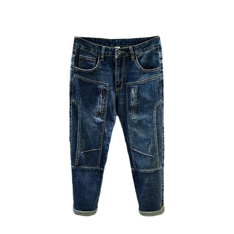 New Y2k Mens Jeans Zipper Design Stitching Fashion Pants Male Stretch Streetwear Motorbike Biker Jeans Denim Trousers