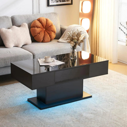 LED Coffee Tables for Living Room, Modern Center Tables with Storage, High Gloss Living Room Tables with 1 Drawer