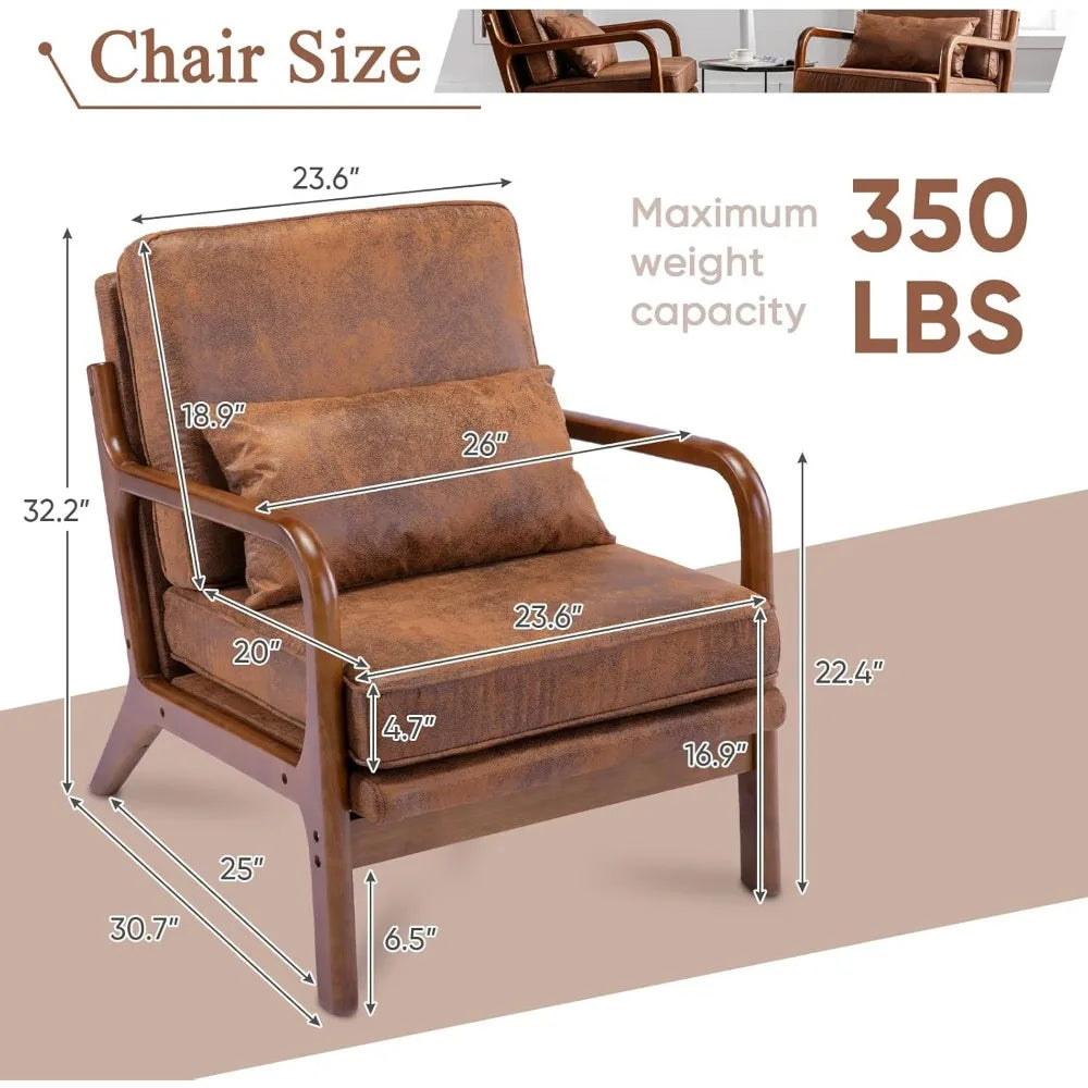 Mid Century Modern Accent Chair Set of 2Living RoomComfy Solid Wood Arm Chair with Lumber Pillow Lounge Decorative Brown Leather