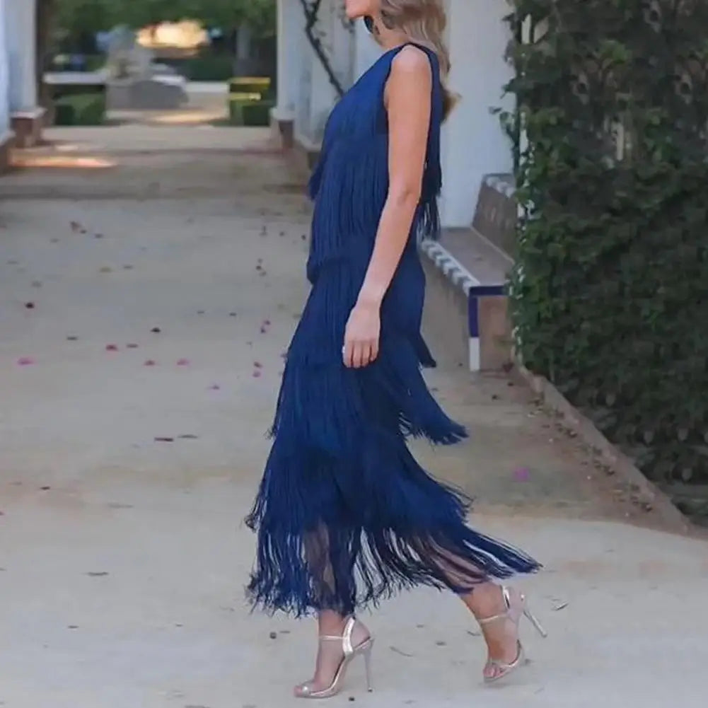 Evening Dress Elegant Fringed Tassel Maxi Dress for Women One Shoulder Asymmetric Evening Gown Cocktail Party Prom Dress