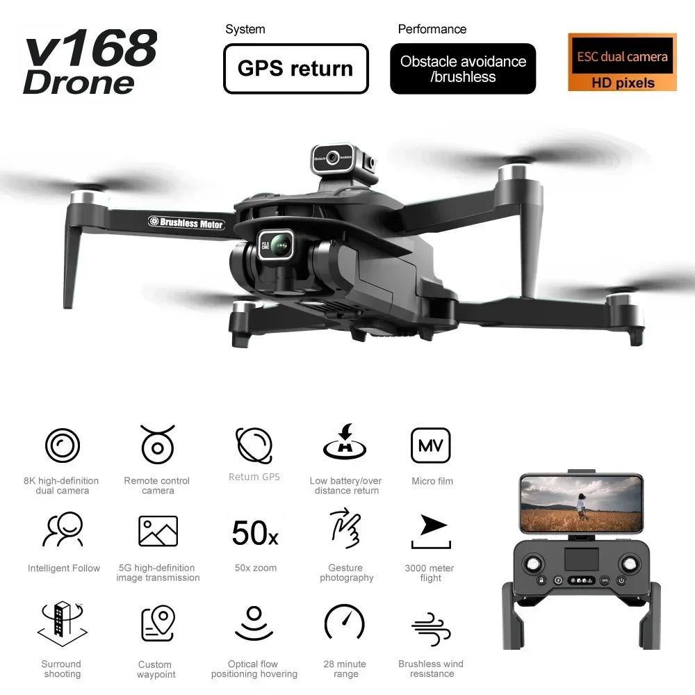 V168 MAX PRO Drone GPS 8K Professional With HD Camera 5G WIFI FPV Brushless RC Quadcopter Obstacle Avoidance Automatic Return