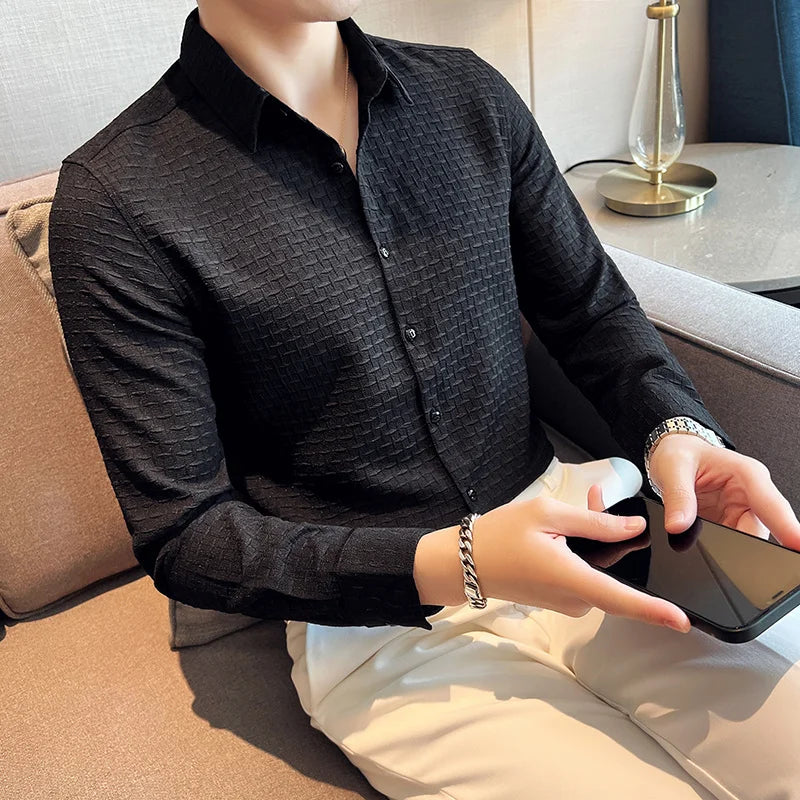 British Style Plaid Shirts Mens Long Sleeve Business Formal Dress Shirt Casual Slim Fit Streetwear Social Party Clothing