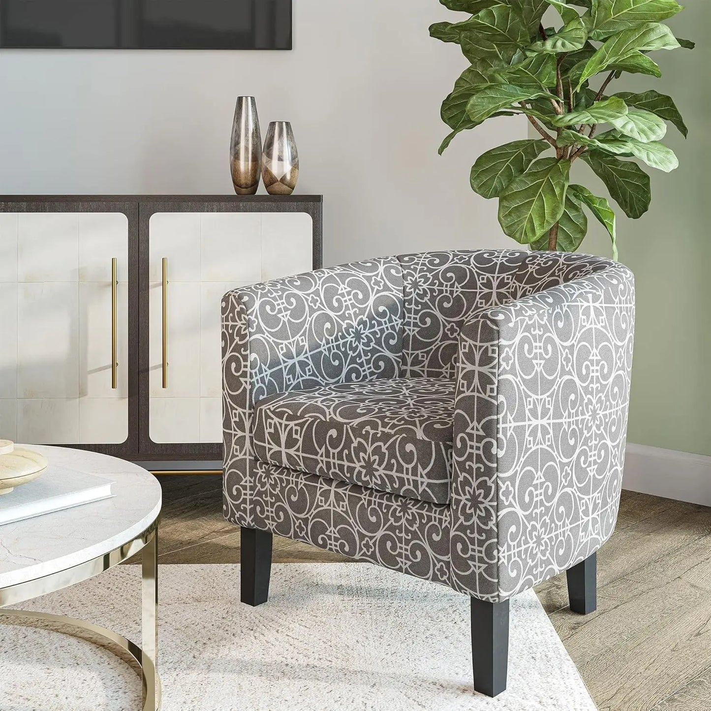 Linen Round Accent Barrel  Club Tub Sofa Chair for Bedroom, Corner Chair with Flared Legs and Cozy Soft Padding