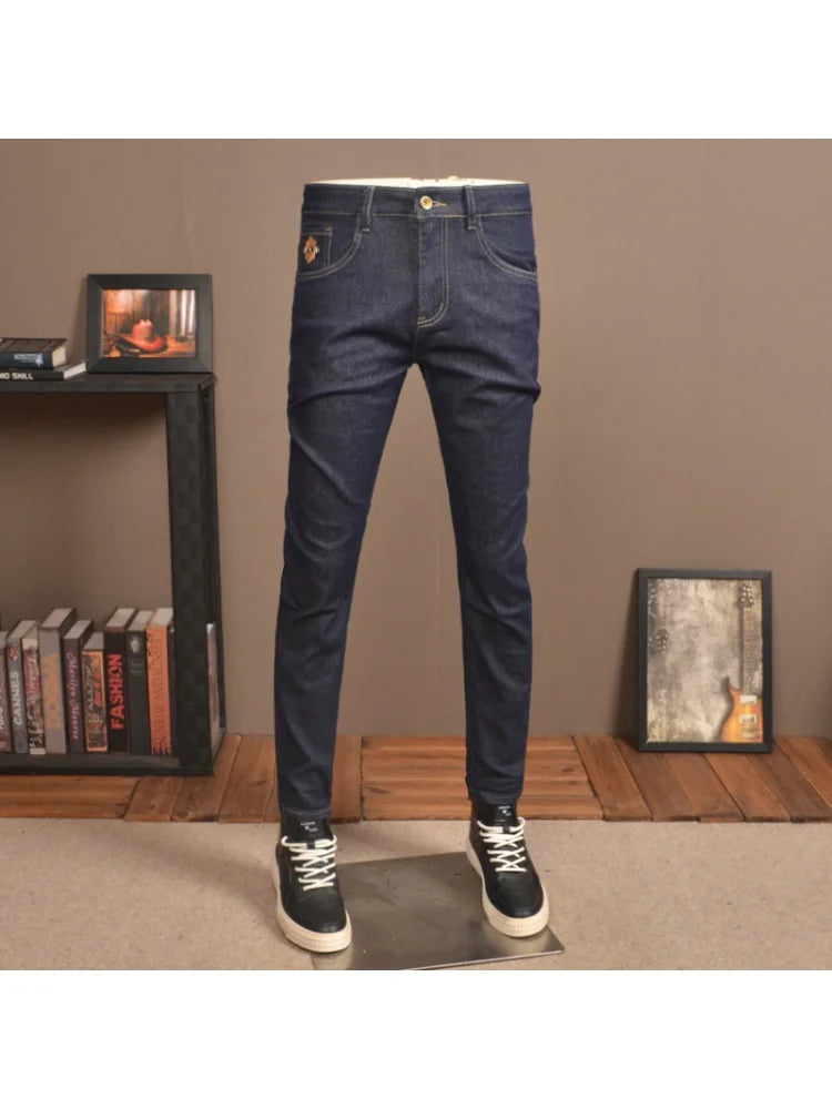 Primary Color Jeans Men's Fashion Bank Stretch Slim Fit Feet High-End Trend Blue Washed Casual Men's Trousers