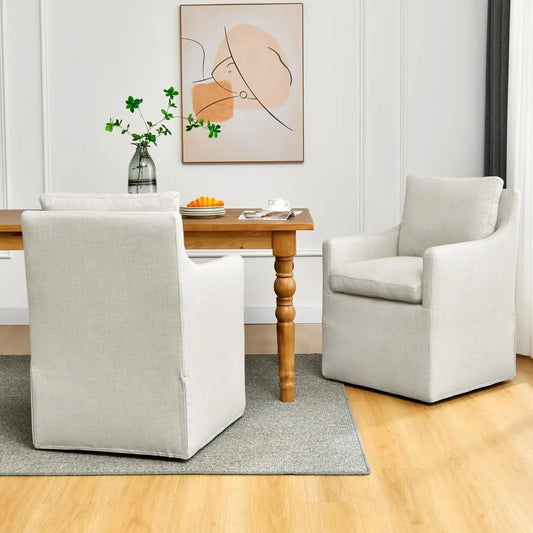 Upholstered Dining Chairs Set of 2,Linen Accent Chair for Living Room,Single Sofa Chair with 4 Casters,Upholstered Arm Chair