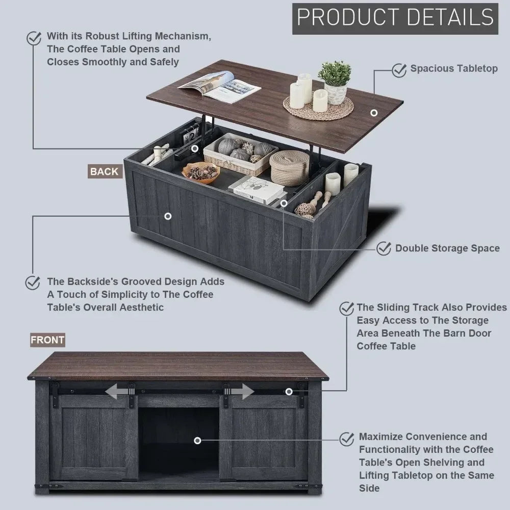 Lift Top Coffee Table with Storage & Sliding Groove Barn Door, W/Double Storage Spaces, Coffee Table
