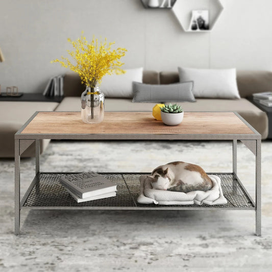 Coffee Table TV Stand W/3D Texture Metal Frame&Mesh Storage Shelf Moisture-Proof Water-Proof Scratch-Resistant for Living Room