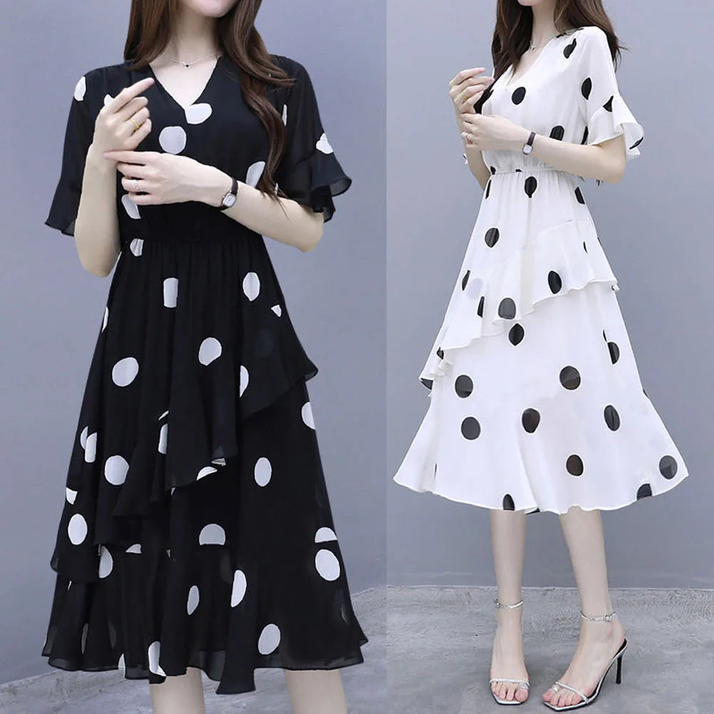 Women Midi Dress V-neck Polka Dot High Waist Irregular Short Ruffle Sleeves Summer Dress