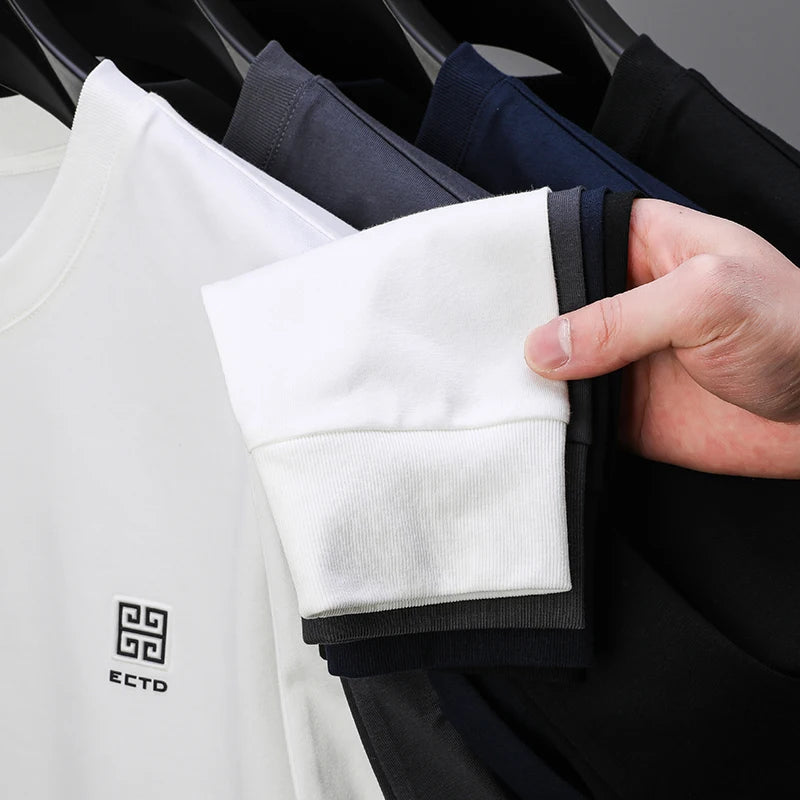 New Quality Luxury Men's T-shirt Spring Summer O-Neck Letter Embroid Long Sleeve 2024Korean Fashion Simplicity Casual Menswear
