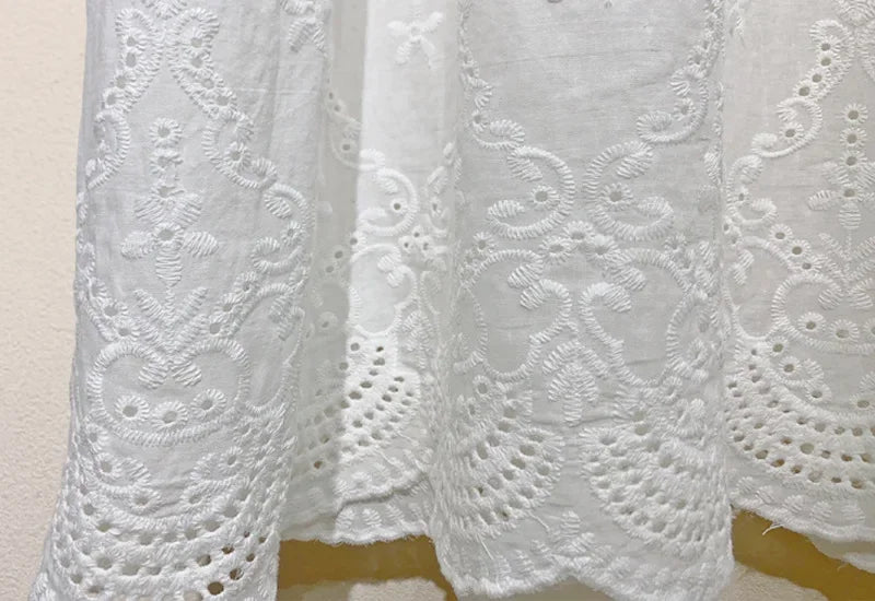 Summer Mori Girl Cotton Linen Loose Spaghetti Strap Hollow Out Midi Dress Vintage Lace Embroidery Elegant Rococo Edwardian Dress