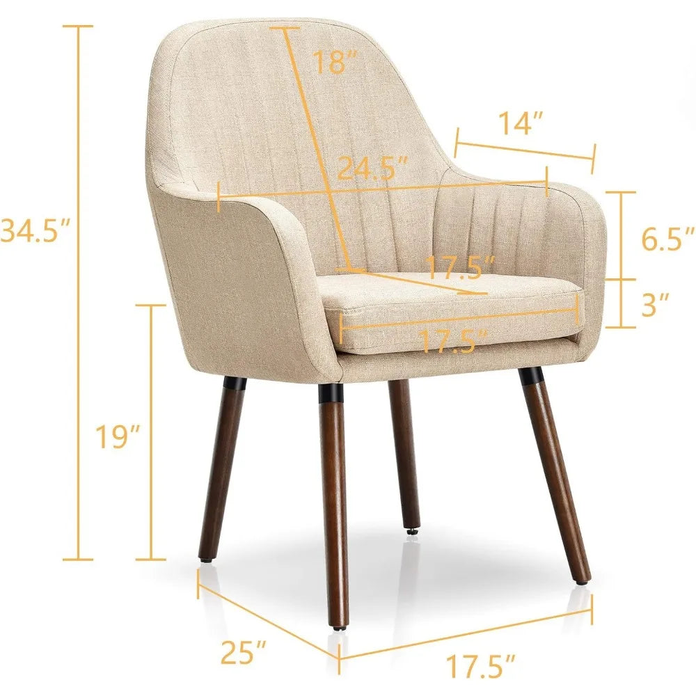 Set of 2 Fabric Dining Chairs, Accent Upholstered Arm Chair w/Wood Legs, Thick Sponge Seat, Non-Slipping Pad, Leisure Chair