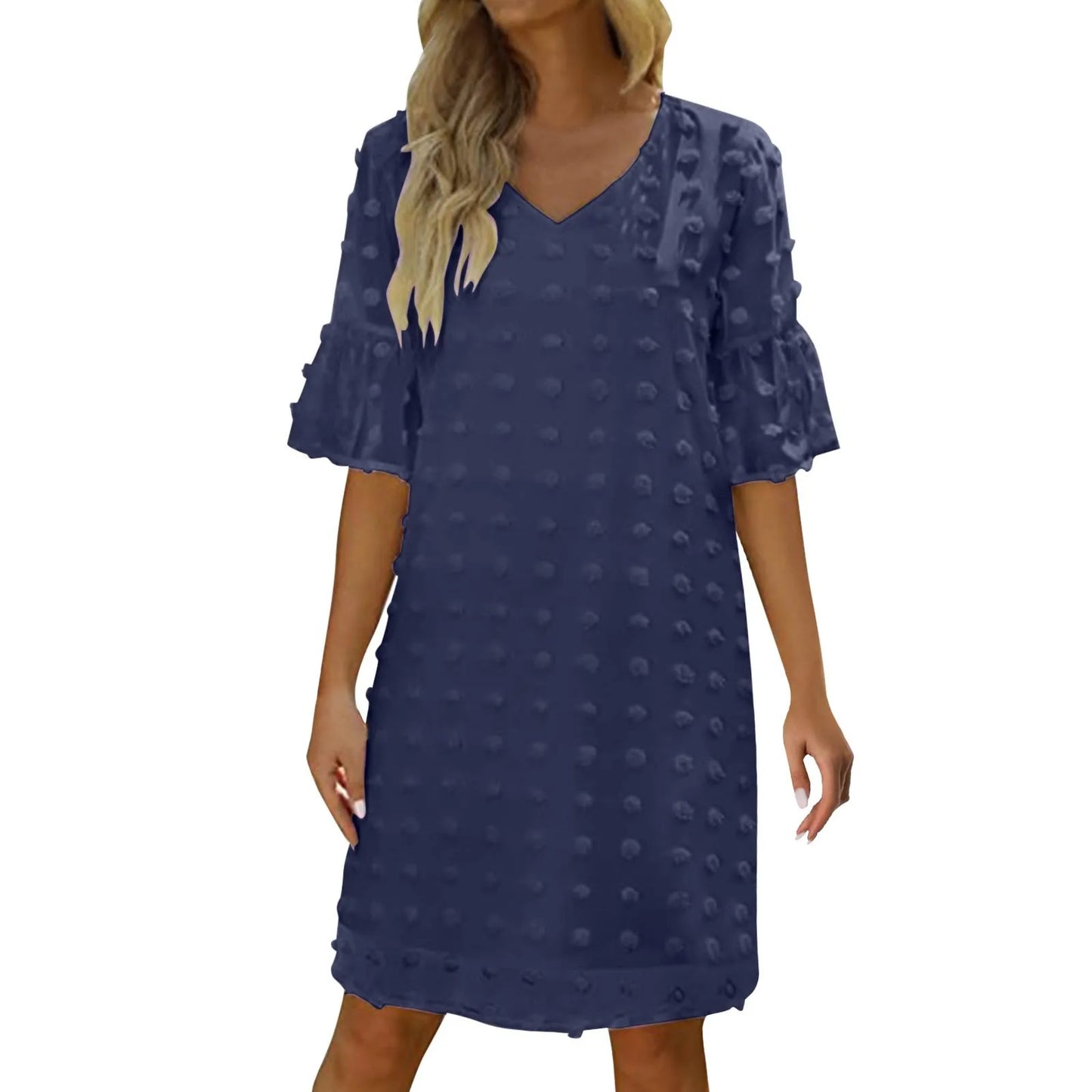 2024 Summer Beach Casual Dress For Women Solid Color V-Neck Flare Sleeve Short Dresses Polka Dot Flowy Temperament Ladies Dress