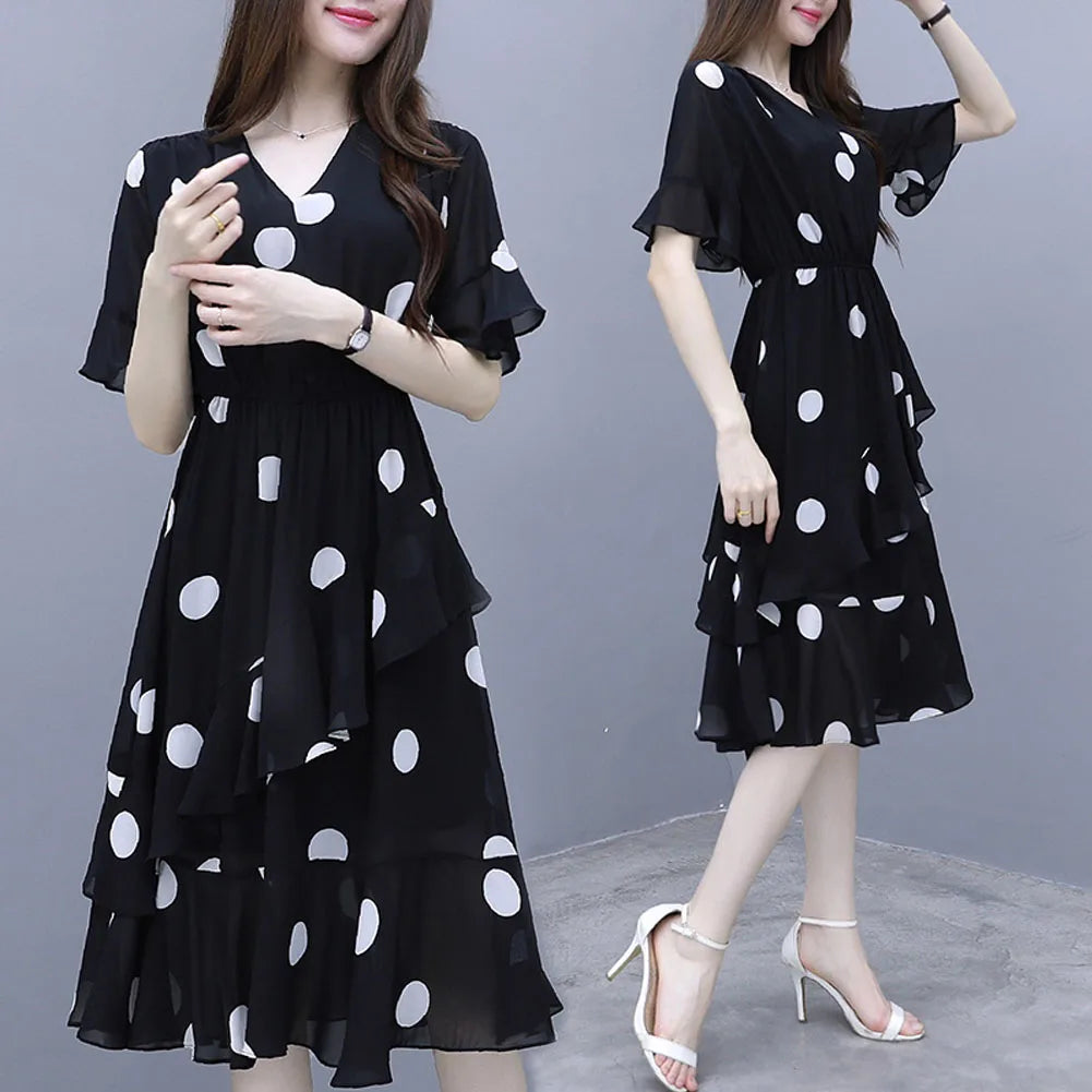 Women Midi Dress V-neck Polka Dot High Waist Irregular Short Ruffle Sleeves Summer Dress