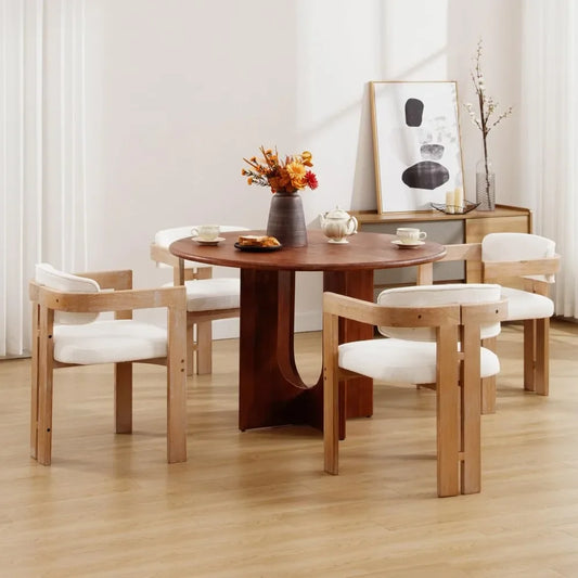 Farmhouse Dining Chairs Set of 4 Upholstered Kitchen Chair Wooden Barrel Side Chair, Modern Linen Accent Chair with Arm