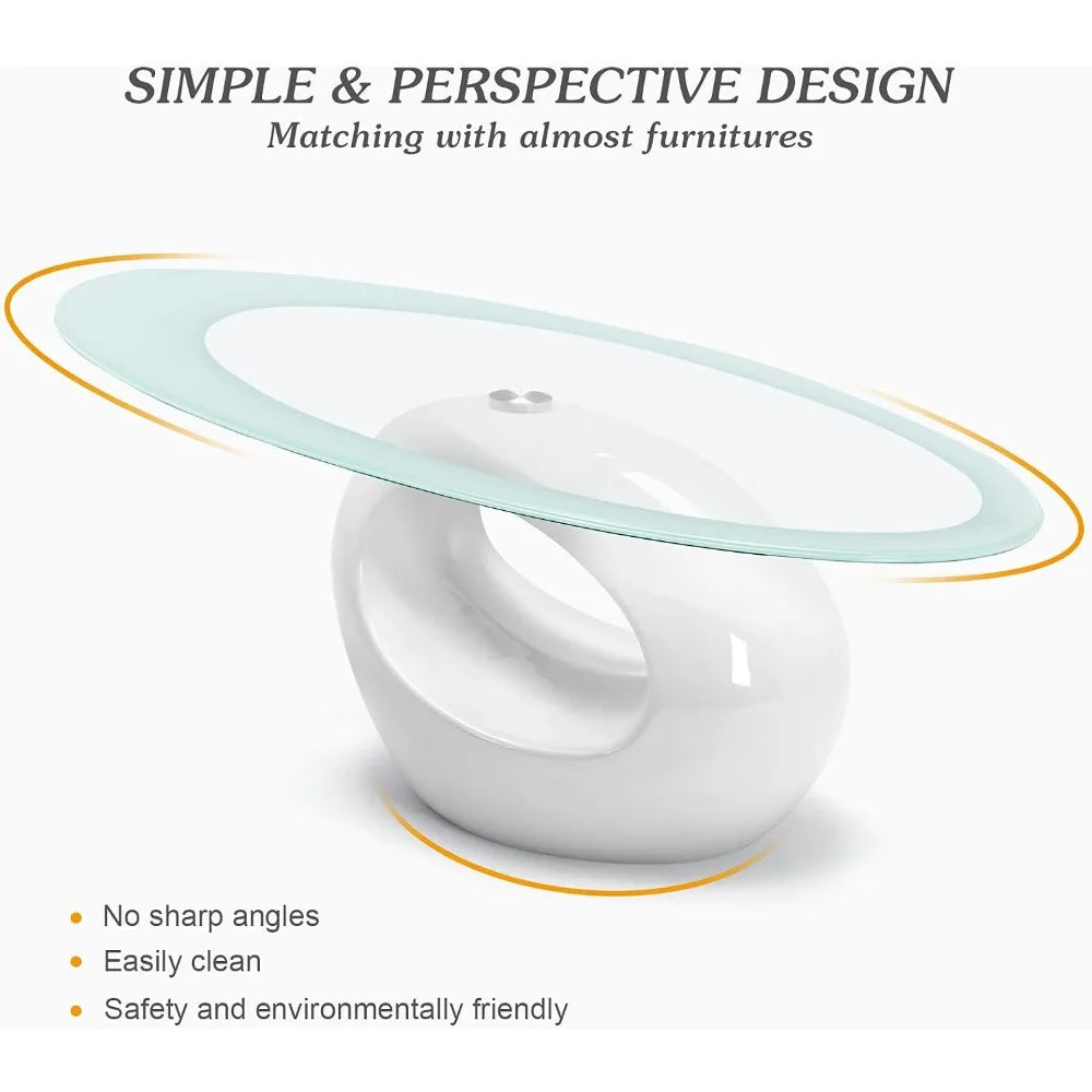 Modern Glass Coffee Table, Oval Glass Table Set, Tempered Glass Tabletop and Smooth Solid Base for Storage