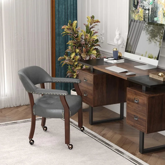 Dining Chairs,Large Rolling Dining Chairs with Wheels,Accent Wood Boss Caption's Chairs,Cherry Legs & Dark Grey Fabric