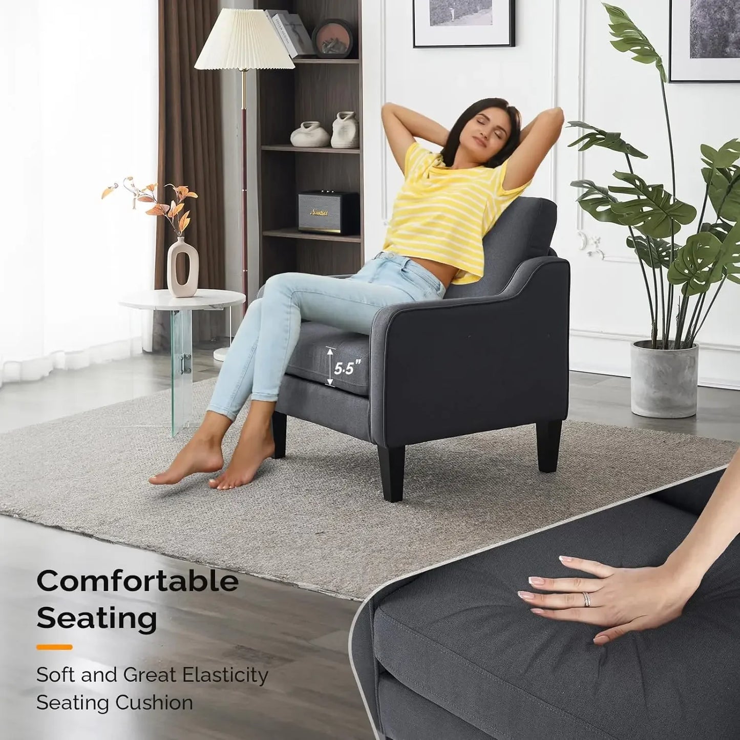 VINGLI Accent Chairs for Living Room Chairs Mid Century Modern Chair Sofa Chair Upholstered Arm Chair with Scooped Arms for Bedr