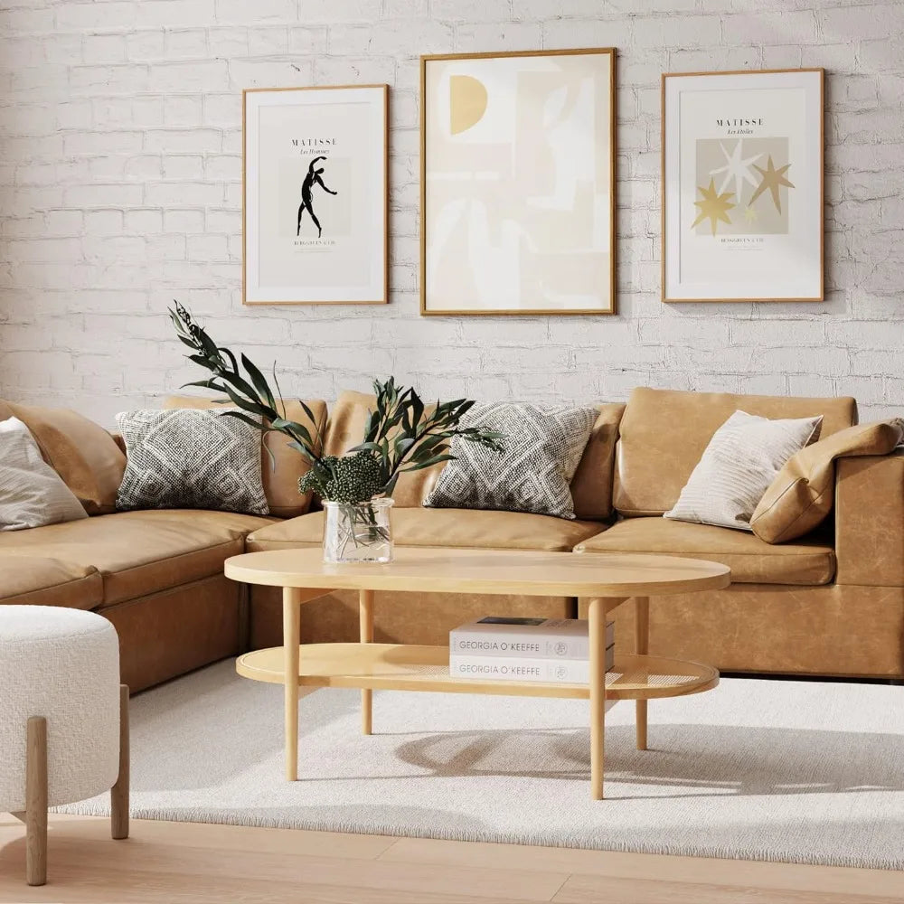 James Sonia Coffee Table with Storage Shelf, Light Wood/Rattan