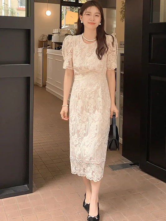 New Summer French Style Lace Women Elegant O Neck Party Midi Dress Fashion Embroidery Cutout Apricot Office Lady Clothes Vestido
