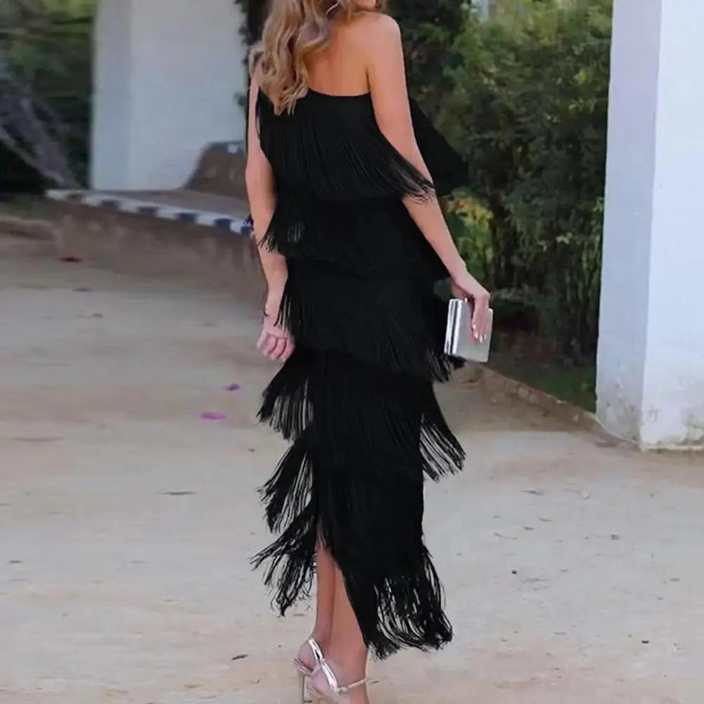 Evening Dress Elegant Fringed Tassel Maxi Dress for Women One Shoulder Asymmetric Evening Gown Cocktail Party Prom Dress