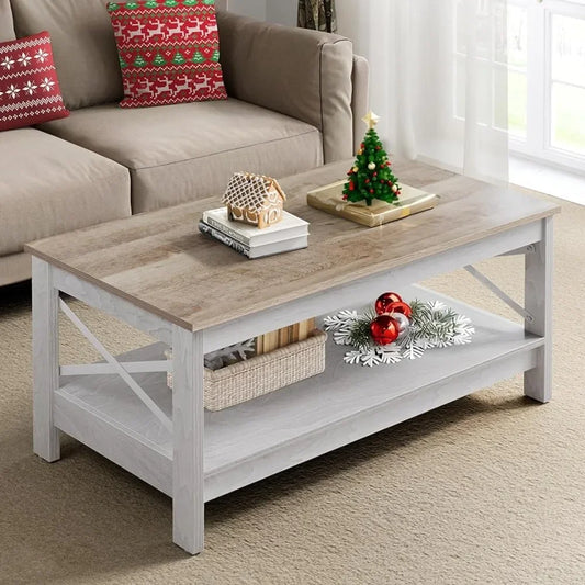 Coffee table modern farmhouse with storage, 2 floor living room table wooden living room table with sturdy frame, grey wash