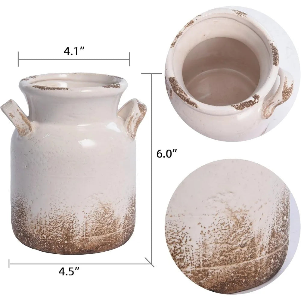 Ceramic Rustic Farmhouse Vase, Distressed Decorative Flower Vase for Home Decor, Ideal Shelf Decor, White Boho Vase