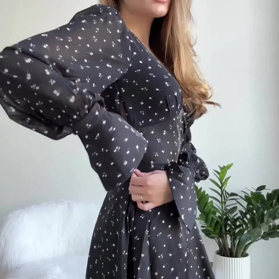 V-neck Sexy Backless Muslim Dress Polka Dot Long Sleeves Dress for Women Turkey Kaftan Arab Robe Abaya Dubai Islamic Clothing