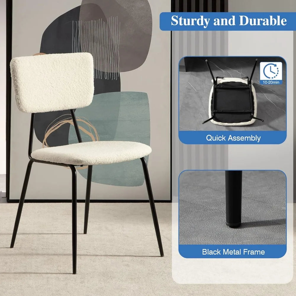 White Dining Room Chairs Set of 4 - Modern Boucle Fabric Kitchen Chairs, Accent Living Room Chairs with Metal Legs