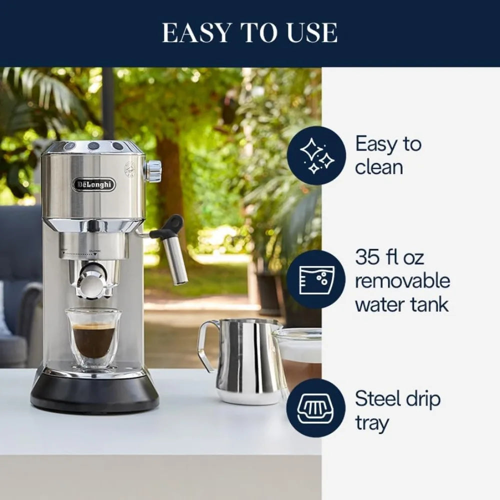 Espresso Machine, Coffee and Cappucino Maker with Milk Frother, Metal / Stainless, Compact Design 6 in Wide, Fit Mug Up to 5 in