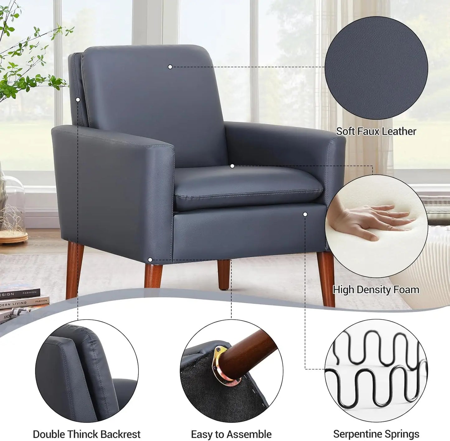 Faux Leather Accent Chair Upholstered Living Room Arm Chair Comfortable Reading Sofa Chairs for Bedrooms Dorm Room Office